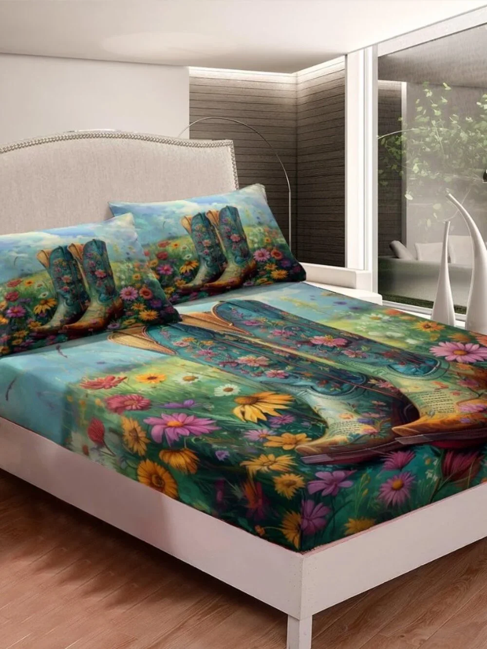 Western Cowboy Kids Fitted Sheet Twin Size,Cowgirl Tribal Boots Retro Bedding Se